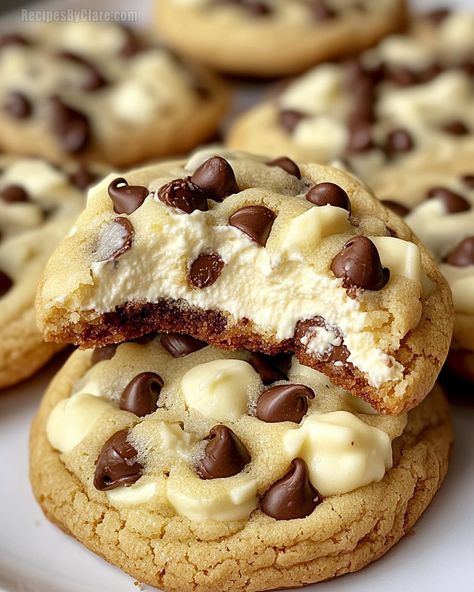 Choc Chip Cheesecake Cookies, Cheesecake Stuffed Chocolate Chip Cookie, Chocolate Chip Cheesecake Cookies, Chocolate Chip Cheesecake Cookies Recipe, Chocolate Cheesecake Cookies, Delight Recipes, Cheesecake Cookies Recipes, Chocolate Chip Cookie Cheesecake, Cookie Cheesecake