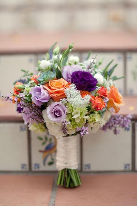 Purple and orange bouquet | We Heart Photography Orange Purple Wedding, Green Bridal Bouquet, Bouquet Recipe, Purple Wedding Decorations, Wedding Flower Guide, Orange Bouquets, Orange Lavender, Purple Wedding Bouquets, Bridesmaid Duties