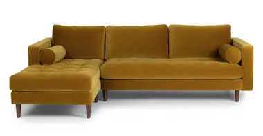 Yarrow Gold Sven Velvet Walnut Lounge Chair | Article Furniture Design Sofas, Sven Sofa, Mid Century Modern Sectional Sofa, Philips Hue Lights, Tufted Sectional, Hue Lights, Velvet Sofas, Article Furniture, Modern Sofa Couch