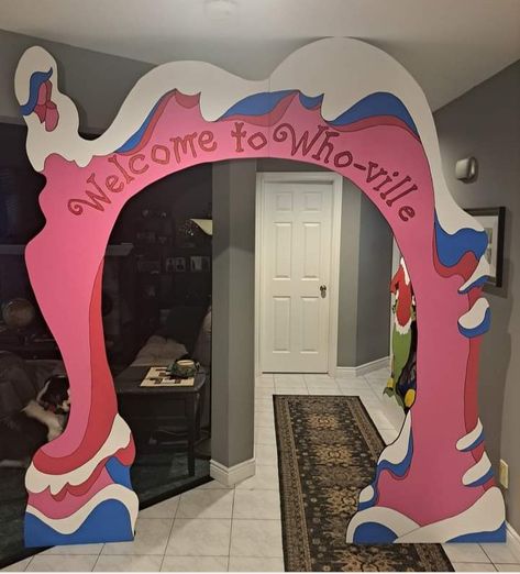 Whoville Archway Diy, Cardboard Whoville House, Whoville Cardboard Village, Christmas In Whoville, Whoville Themed Christmas Party, Who Ville Door Decoration, Whoville Decorations Diy, Grinch School Hallway, Whoville Door Decorations For School