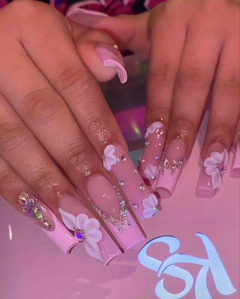 Acrylic Nails Ideas Extra, Bling Nails Pink, Pink Bling Acrylic Nails, Pink Baddie Nails, Pink Nail Sets, Nails Cute Pink, Baddie Bling Nails, Pink Obsession, Quinceanera Nails