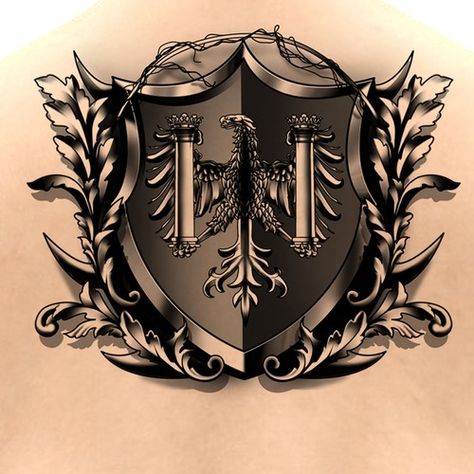 Crest Tattoo Ideas, Family Crest Tattoo Ideas, Crest Tattoo Men, Coat Of Arms Tattoo, Family Crest Tattoo, Bible Quote Tattoos, Heraldic Shield, Shield Designs, Leg Tats