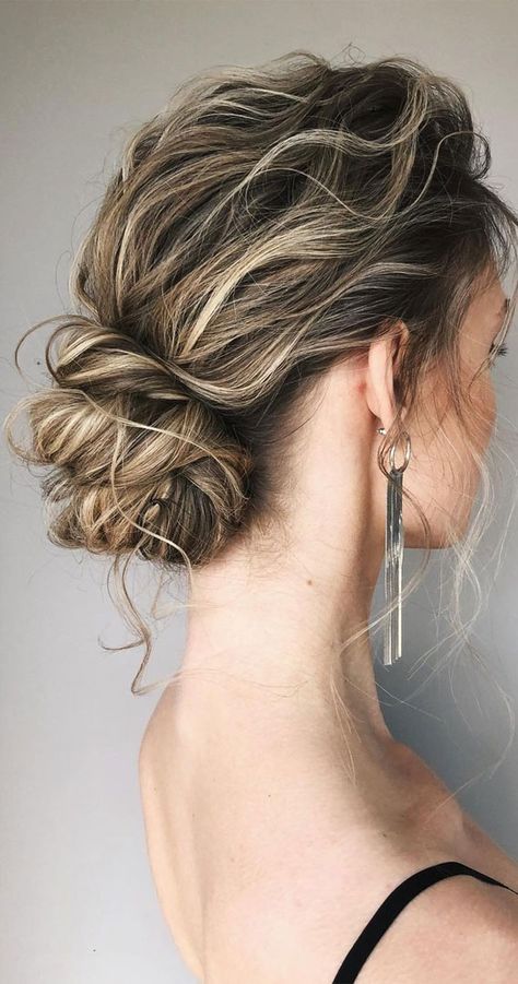 5. Stunning Textured Low Bun When it comes to hairdo, the updo is one elegant hair style that never does seem to go out... Texture Updo, Textured Low Bun, Grad Hairstyles, Messy Hair Look, Messy Hair Updo, 5 Minute Hairstyles, Low Bun Hairstyles, Up Dos For Medium Hair, Updo Hairstyle