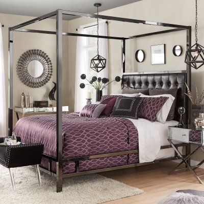 Weston Home Umberton Bonded Leather Canopy Bed Mom Bedroom, Metal Canopy Bed, Diamond Tufted Headboard, Bed Idea, Elegant Room, Canopy Bed Frame, Canopy Bedroom, Black Headboard, Leather Headboard