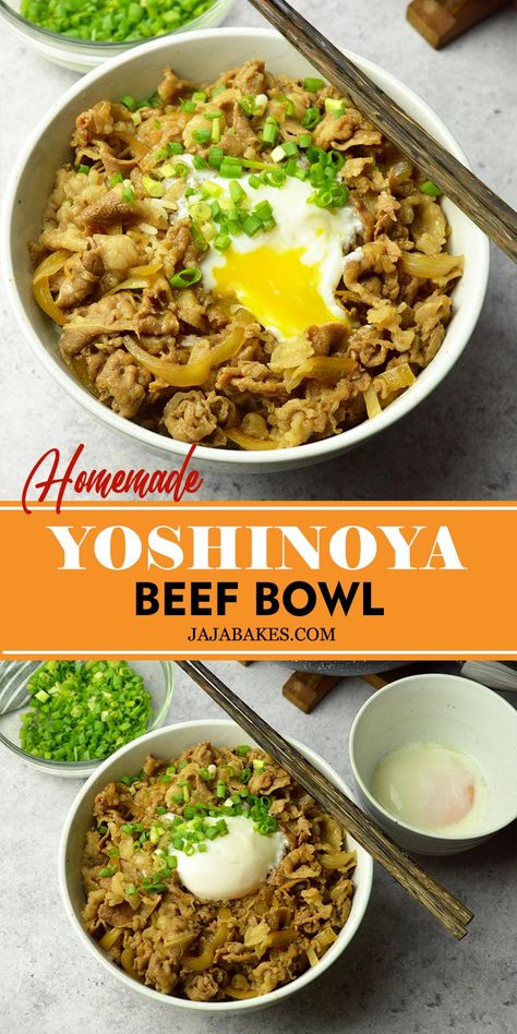 This incredibly delicious Yoshinoya Beef Bowl (Gyudon) is a recipe keeper, with juicy thinly sliced beef and tender sweet onion served over a bowl of steaming rice. Japanese Beef Bowl Recipe, Copycat Yoshinoya Beef Bowl, Pork Gyudon Recipe, Rice Beef Bowl, Sliced Beef Recipes Easy, Sliced Meat Recipes, Gyudon Rice Bowls, Slice Beef Recipes, Gyudon Recipe Beef