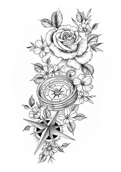 Compass And Rose Tattoo Design, Blended Family Tattoo, Christian Wrist Tattoos, Mandala Compass Tattoo, Realistic Tattoo Design, Rose Tattoo Stencil, Arm Sleeve Tattoos For Women, Catrina Tattoo, Hourglass Tattoo