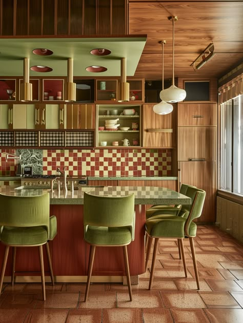 Crazy Kitchen Ideas, 70 Kitchen, 70s Modern Interior Design Kitchen, Retro Modern Home, Vintage Green Decor, Vintage Vibes Aesthetic, Kitchen Interior Vintage, Eclectic Home Kitchen, 70s Interior Kitchen