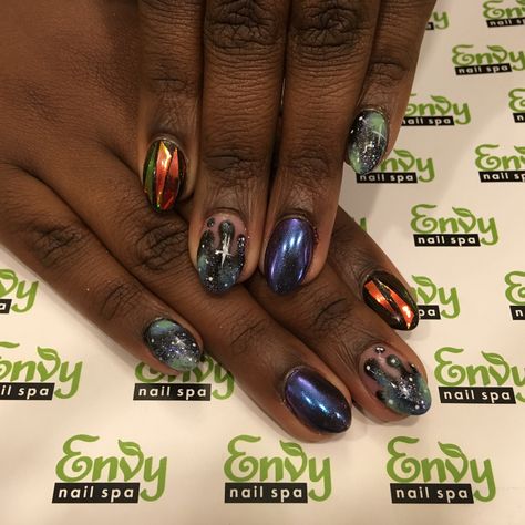 Abstract, Foil, Blue Chrome, Galaxy, Outer Space, Stars, Dripping Nails - Envy Nail Spa Space Theme Nails, Space Themed Nails, Outer Space Nails, Dripping Nails, White Sparkle Nails, Zodiac Nail Designs, Nails Stars, Red Chrome Nails, Metallic Nails Design