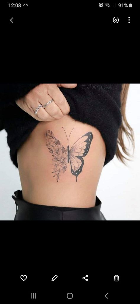 Big Side Tattoos Women, Flower Butterfly Tattoo, Side Tat, Side Tattoos Women, Animal Tattoos For Women, Earth Tattoo, Rib Tattoos For Women, Big Butterfly, Minimalist Tattoos