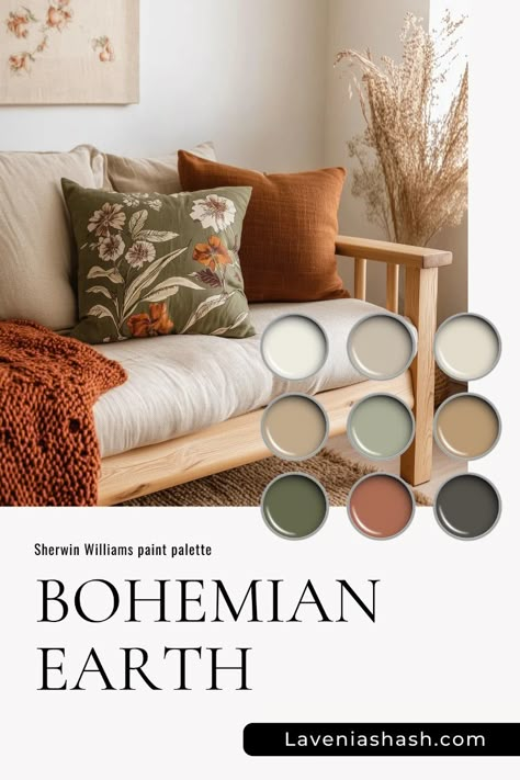 Dark Earthy Palette, Earthy Color Pallets For The Home, Modern Boho Color Palette Living Room, Beige And Wood Color Palette, Neutral Pops Of Color, Earth Tone Color Palette Interior Design, Cozy Boho Color Palette, Earthy Boho Colour Palette, Earthy Tones Living Room Cozy