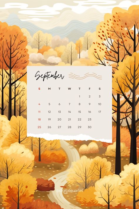 Hello September! Digital Quartet presents Autumn Phone Aesthetic Wallpapers Collection. This one is a fall landscape with a September Calendar on it. Don't forget to follow us for more, and make your phone screen fit right into the season! September Calendar Ideas, Phone Calendar, Fall Lockscreen, Lockscreen Background, Document Design, Wallpaper Autumn, September Calendar, Hello September, Documents Design