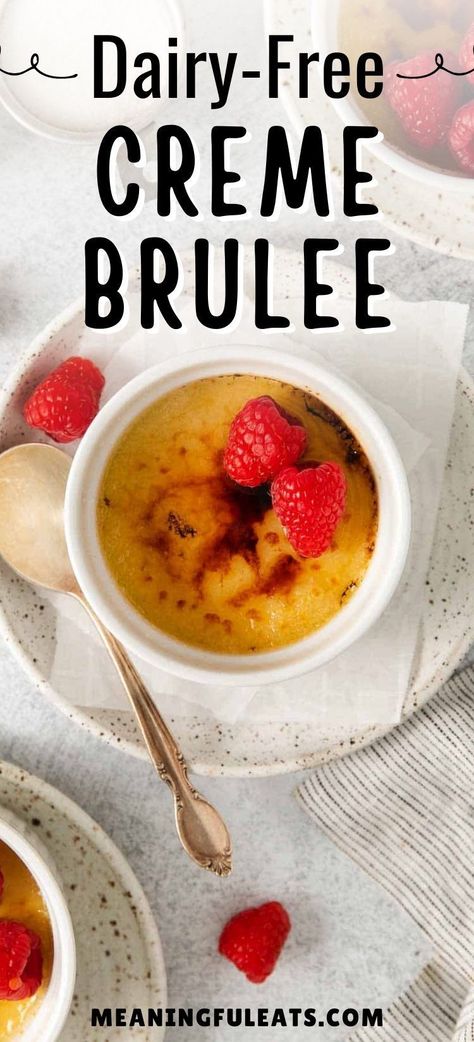 Make a restaurant style creme brulee from the comfort of your own home. And the best part? It's dairy-free! Homemade dairy-free creme brulee that you will fall in love with. From the crunch of the caramelized sugar top, to the silkiness of the vanilla custard, you will want to go back for more of this dairy-free dessert. Dairy Free Custard, Best Gluten Free Desserts, Creme Brulee Recipe, Brulee Recipe, Dairy Free Cream, Creme Brûlée, Caramelized Sugar, Best Gluten Free Recipes, Gluten Free Desserts Recipes