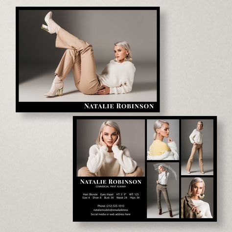 Model Actor 6 Photo Portfolio Comp Card Template Commercial Print Modeling, Set Card Model, Comp Card Ideas Models, Modeling Portfolio Ideas, Print Fashion Runway, Model Portfolio Book, 30 Photoshoot, Model Portfolio Examples, Model Digitals