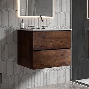 Little Tulip - 24" Bathroom Vanity with Sink, Modern Floating Vanity with Double Soft Closing Drawers, Large Storage for Small Space, Walnut - Iris Collection Modern Floating Vanity, Drawer Safe, 30 Bathroom Vanity, Bathroom Vanity With Sink, Floating Cabinets, Vanity With Sink, Small Space Storage, Double Sink Vanity, Floating Vanity