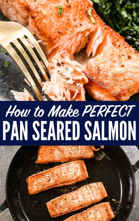 How to make easy, perfect pan seared salmon. The easy tips you need to cook restaurant-style pan fried salmon at home. The best healthy salmon recipes for fast dinners and a great dinner party recipe too! Salmon Recipe Pan, Seared Salmon Recipes, Salmon Recipes Pan Seared, Dinner Simple, Cook Fish, Pan Fried Salmon, Japanese Desserts, Vegetable Side Dish, Favorite Salad