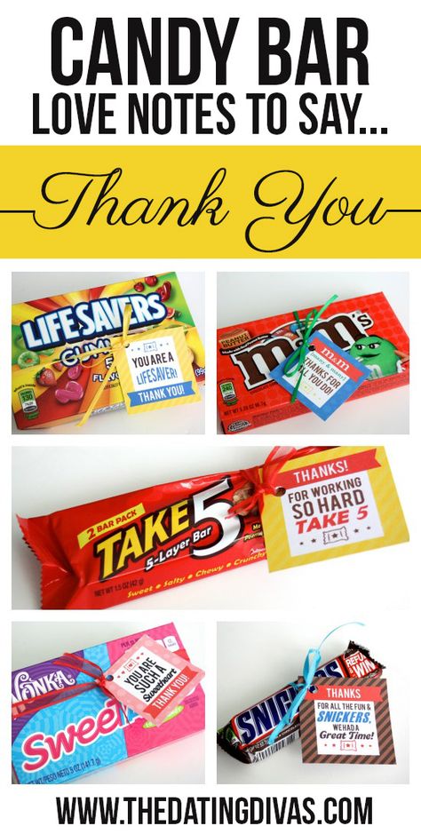 Printable candy bar gift tags! The perfect easy thank you gift for teachers, coaches, friends, or ANYONE! www.TheDatingDivas.com Candy Bar Sayings, Candy Bar Gifts, Candy Quotes, Volunteer Gifts, Bar Gift, Volunteer Appreciation, Employee Appreciation Gifts, Ideas Hogar, Staff Appreciation