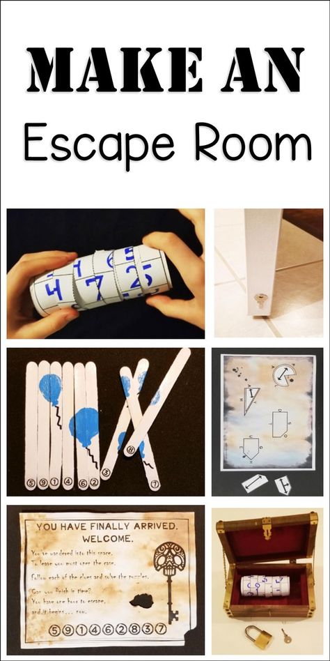 The pin shows six photos of images including a key taped to a door, number turn, popsicle sticks, paper puzzle, welcome letter and lock box. Art Escape Room Ideas, How To Make An Escape Room Gift, How To Make An Escape Room At Home, Winter Escape Room For Kids, Escape Room Invitation Printable Free, Escape Room Puzzles Diy, Star Wars Escape Room, Escape Room Puzzles For Teens, Escape Room Decor