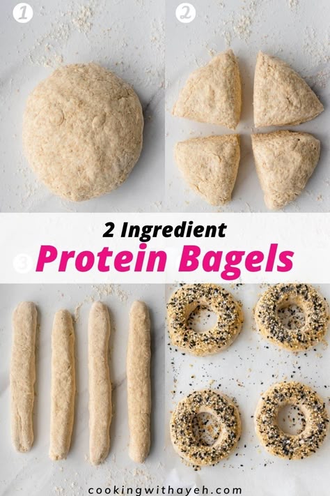 These Protein Bagels are an easy healthy version, using only 2 ingredients. Perfect for breakfast, lunch, or as a snack High Protein Baked Snacks, Homemade Protein Bagels, Bagel Healthy Breakfast, Bagel Thins Recipes, Healthy Bagel Toppings, Kids Protein Breakfast, 2 Ingredient Snacks, Protein Bagel Bites, Healthy Breakfast Bagel