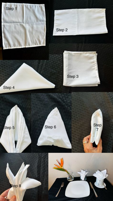 Step-by-step instructions on birds of Paradise napkin fold Napkin Folding, Birds Of Paradise, Step By Step Instructions, Napkins, Paradise, Step By Step, Projects To Try, Birds