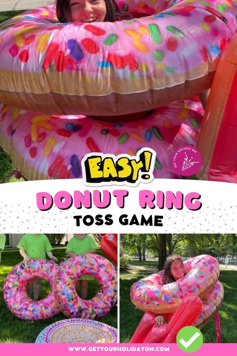 Sweet Treat Party Games, Donut Toss Game, Donut Ring Toss, Donuts On A String Game, Donut Trunk Or Treat Ideas, Donut Games For Adults, Donut Activities For Kids, Donut Party Games, Donut Theme Games