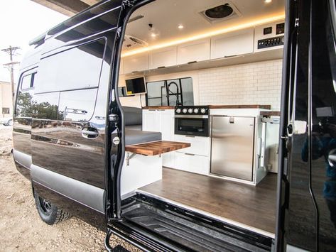 Rossmönster Vans Mercedes-Benz Sprinter camper van for traveling couple - Business Insider Hidden Chair, Converted Sprinter Van, Mercedes Benz Camper, Hidden Table, Sprinter Camper Conversion, Mercedes Camper Van, Mercedes Sprinter Camper Van, Camper Van Kitchen, Traveling Couple