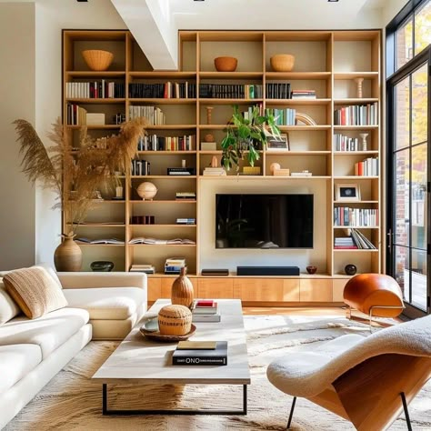 Bookshelves In Living Room With Tv, Bookshelves Living Room, Living Room With Tv, Room With Tv, Wooden Bookshelves, Tv Wall Ideas, Wall Trends, Library Living Room, Tv Walls