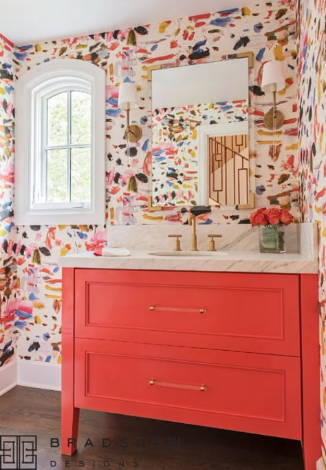 Scouted! 15 Stylish Bathrooms That Celebrate Color | Bradshaw Designs | San Antonio, TX Wallpapered Bathroom, Confetti Wallpaper, Coral Bathroom, Colorful Bathroom, Dekorasi Kamar Tidur, Inspire Me Home Decor, Stylish Bathroom, Bathroom Wallpaper, Bathroom Colors