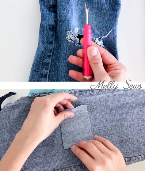 How to Patch Jeans - Melly Sews Cool Ways To Patch Holes In Jeans, Sewing Patches On Jeans, Patching Holes In Pants, How To Sew Jean Patches, Patch Jeans Diy, Patching Denim Holes, Transforming Clothes, Denim Patches Diy, Patching Jeans