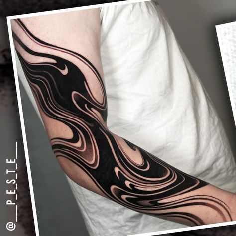 Artist: @___p_e_s_t_e___  .  ⁠.  .  #madewithdynamic #dynamiccolor #dynamicink #tattoosupplies #tattooartist #instatattoo #tatsofig #tatau   Shop now:⁠ www.dynamiccolor.com Ink Splash Tattoo, Oil Slick Tattoo, Geometric Lines Tattoo, Fluid Tattoo, Brutal Tattoo, Arm Tattoos Female, Tattoos Trending, Blast Over Tattoo, Arm Tattoos Black