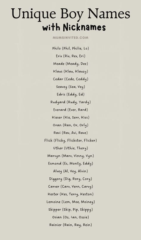 Find the perfect unique baby boy name for your characters in this extensive list. Includes rare, edgy, & avant-garde uncommon modern names as well as unusual, quirky boy names. Get writing inspiration for male characters & Rp Boy Names. Discover unconventional modern boys names with cute nicknames. Whether you need distinct, gender-neutral, or cool unique names for boys, this list has over 200 options. From unexpected cute choices to one-of-a-kind picks, it's full of male character names. Baby Boy Names With Nicknames, Gender Neutral Names With Nicknames, Male Names With Nicknames, Boy Nicknames, Boy Names With Nicknames, Edgy Boy Names, Names With Cute Nicknames, Cool Unique Names, Unique Nicknames