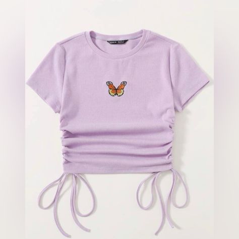 Never Worn Before Great Condition 25% Cotton 70% Polyester 5% Spandex Message Me With Any Questions Or Offers! Purple Butterfly Top, Purple Butterfly Shirt, Purple Cotton Kawaii Top, Purple Short Sleeve Kawaii T-shirt, Purple Cotton Y2k T-shirt, Shein Tops, Spandex, Womens Tops, Cute Outfits