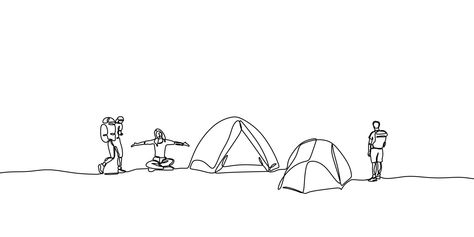 One line drawing people camping. People enjoy outdoor activity with tents. One Line Drawing People, Line Drawing People, Camping Tattoo, Camping Icons, One Line Tattoo, Wall Drawings, Minimal Background, Bike Tattoos, Travel Journal Scrapbook