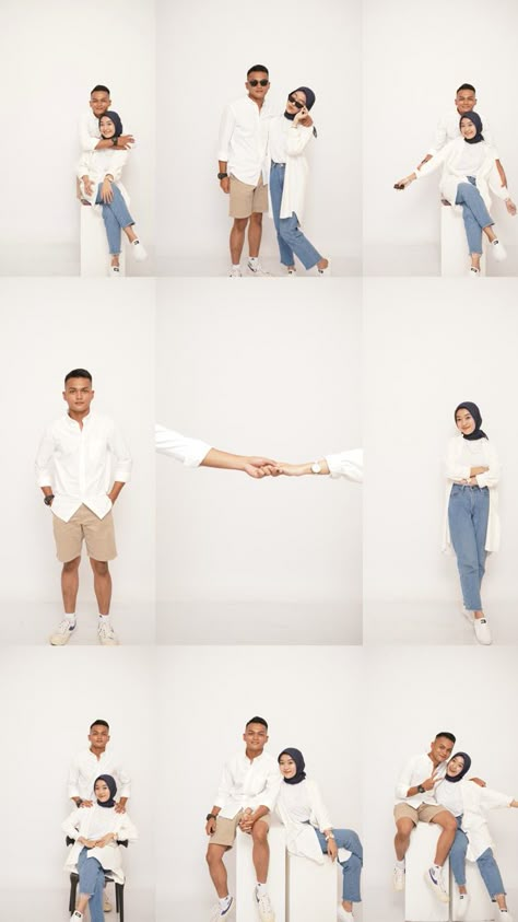 Self Studio Poses Couple, Self Portrait Poses For Couples, Couple Studio Photoshoot Outfit Ideas, Couple Self Studio, Couple Self Portrait Ideas, Self Portrait Poses Couple, Gaya Photobox Couple, Inspirasi Foto Couple, Self Portrait Couple Poses