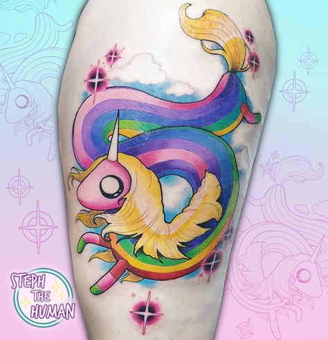 👽🛸StephtheHuman🛸👽 on Instagram: “🦄🌈LADY RAINICORN🌈🦄 . Re post of this super exciting piece I started! I cannot wait to qdd to this 💖💖💖 . Massive thankyou to @safaloy for…” Goldeen Pokemon, Guardian Tattoo, Laura Anunnaki, Lady Rainicorn, Henna Ink, Bright Tattoos, Star Guardian, Epic Tattoo, Pokemon Tattoo