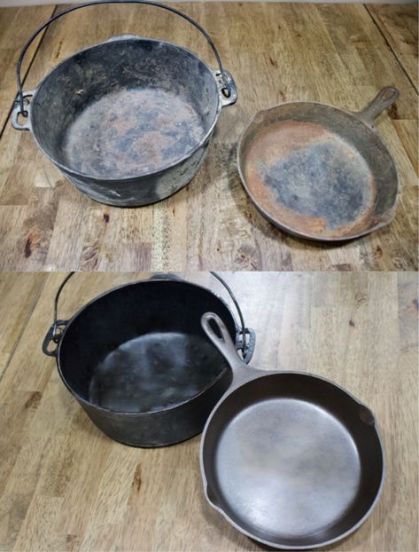 Simple cast iron cleaning: dutch oven/skillet restoration How To Clean Old Cast Iron Skillet, Refinishing Cast Iron Sink, Stripping Cast Iron Skillet, Cleaning Dutch Oven, Displaying Cast Iron Cookware, How To Clean Cast Iron, Rusted Cast Iron Skillet, Restoring Cast Iron, Restore Cast Iron