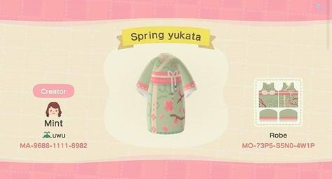 Animal Crossing: New Horizons Yukata designed by @mintdesignsacnh on instagram Qr Code Animal Crossing, Ac Qr Codes, Acnh Outfits, Animal Crossing Clothing, Animal Crossing Patterns, Acnh Qr Codes, Animal Crossing Outfits, Codes Animal Crossing, Clothing Codes