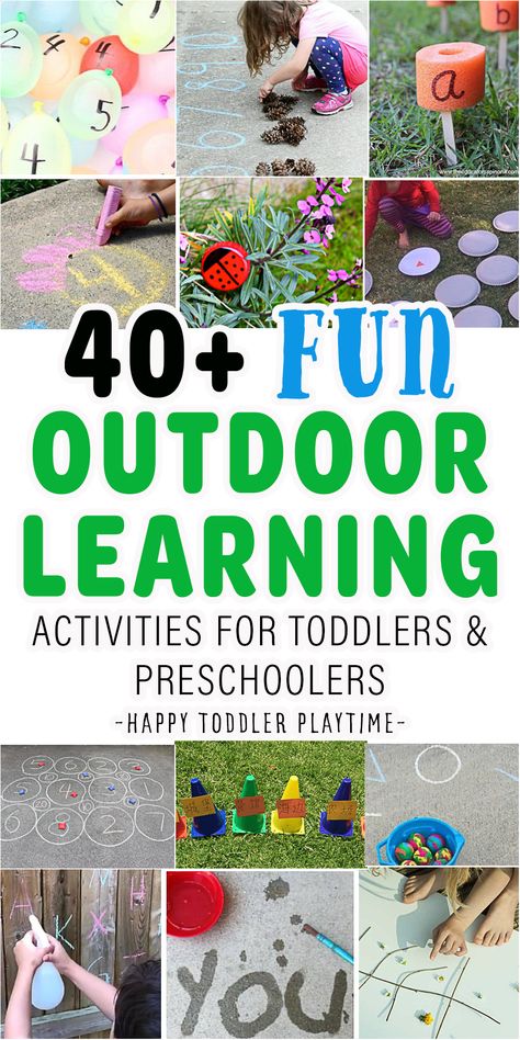 40+ Awesome Outdoor Learning Activities for Kids - HAPPY TODDLER PLAYTIME Outdoor Literacy Activities Preschool, Outdoor Movement Activities Preschool, Prek Outside Activities, Outside Learning Activities For Kids, Outside Activities For Kindergarten, Outdoor Play Ideas For Preschoolers, Outdoor Play For Kindergarten, Outdoor Learning Preschool, Outdoor Learning Centers Preschool