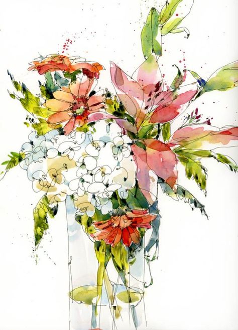 Ink And Wash Watercolors, Watercolour Exercises, Line And Wash Watercolor Sketches, Shari Blaukopf, Line And Wash, Cadmium Orange, Pen Work, Lamy Safari, Painting Of Flowers