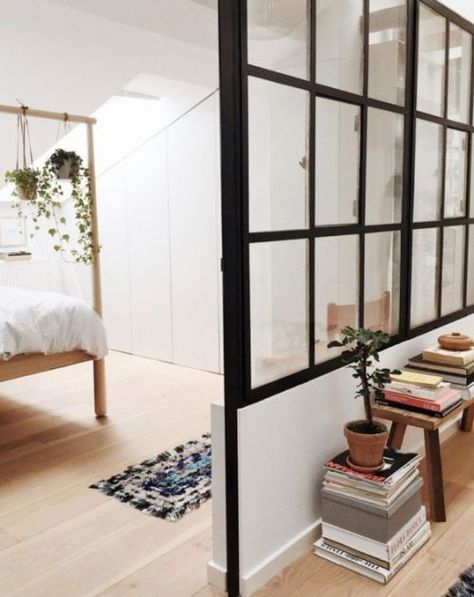 black framed window wall. Glass Bedroom, Small Space Hacks, Glass Room Divider, Living Room Divider, Glass Room, Glass Partition, Wall Bedroom, Divider Wall, Interior Stairs