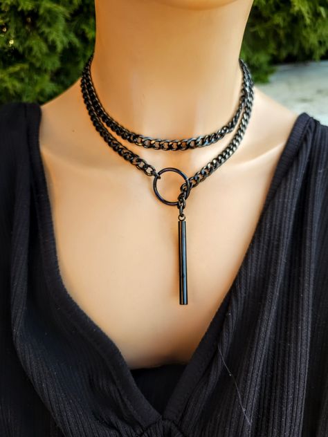 Black Steel Lariat Choker Wrap Necklace Set & Bar pendant | Dark Academia Aesthetic statement handmade jewelry gift for her, Punk and Gothic Necklace Set Choker, Wrap Necklace, Blackened Steel, Wrap Necklaces, Punk Jewelry, Gothic Punk, Style Punk, Dark Academia Aesthetic, Handmade Jewelry Gift