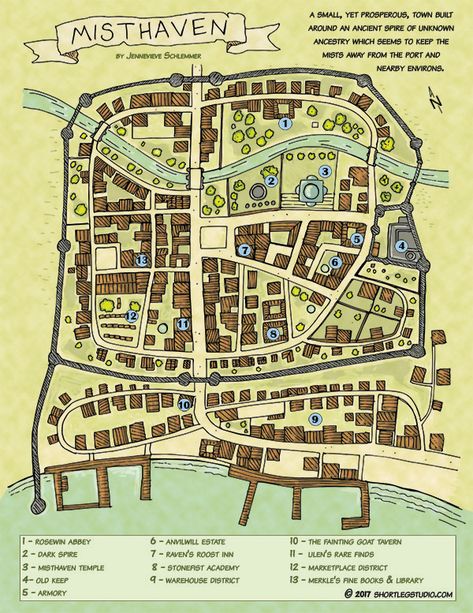 Town Map of Misthaven — Short Leg Studio Minecraft Medieval Village, Town Drawing, Minecraft Kingdom, Fantasy City Map, Fantasy Map Making, Map Ideas, Village Map, Minecraft House Plans, Adventure Ideas