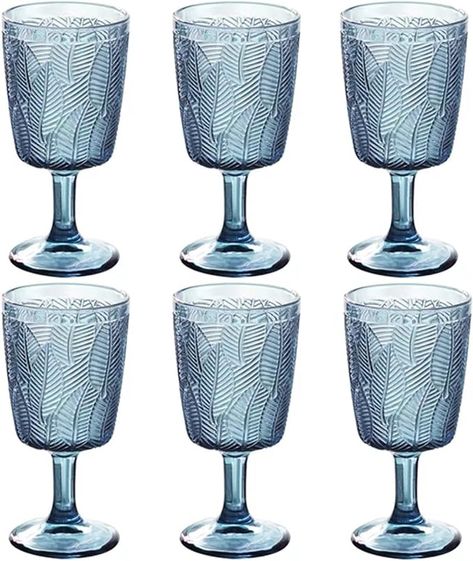 Amazon.com | Taganov Blue Wine Glasses set of 6 Colored Goblets Drinking Vintage Embossed Glassware 11 OZ Pretty Water Stemmed Cup for Wedding Party Bar: Wine Glasses Milk Tea Ice Cream, Ice Cream Cocktail, Pink Drinking Glasses, Liquor Party, Colored Goblets, Fancy Glassware, Ice Cream Cocktails, Pink Wine Glasses, Pretty Water