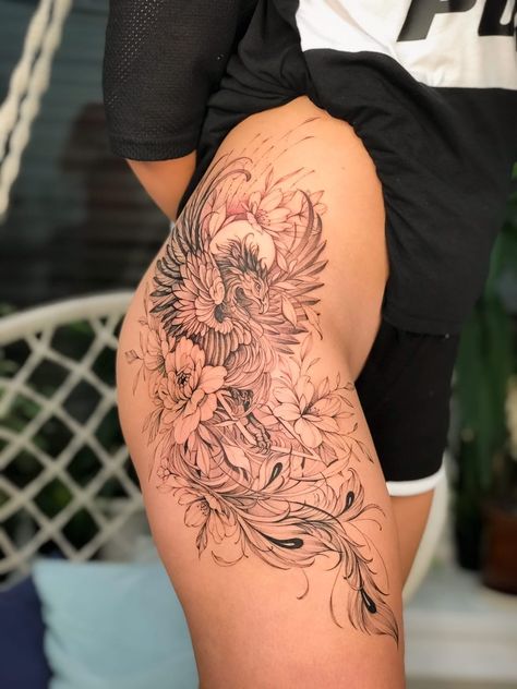 Pheonix Tattoo For Women Thigh Beautiful, Pheonix Tattoo For Women Side Hip, Ornamental Phoenix Tattoo, Rising Phoenix Tattoo Feminine Leg, Phoenix Tattoo Feminine Thigh, Phoenix Tattoo Thigh, Phoenix Back Tattoo Women, Pheonix Tattoo Ideas Female, Phoenix Thigh Tattoo