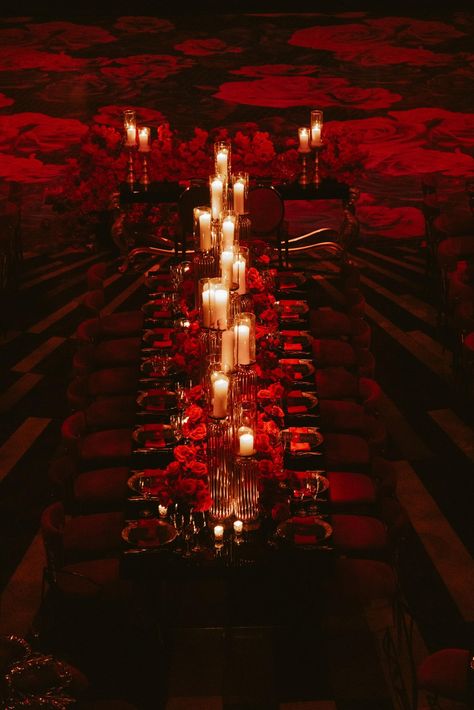 Red Wedding Astethic, Dracula Themed Wedding, Vampire Ballroom Aesthetic, Goth Theme Party, Cabaret Table Decor, Vampire Wedding Theme, Red And Black Gothic Party Decor, Vampire Nightclub, Vampire Wedding