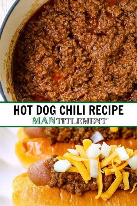 The BEST hot dog chili recipe! We use this no-bean, easy chili for topping nachos, hamburgers, baked potatoes or french fries! Low Sodium Hot Dog Chili, Turkey Chili For Hot Dogs, Homemade Chili Recipe For Hotdogs, Homemade Chili For Hotdogs Easy, Sweet Chili For Hotdogs, Chili For Chili Dogs Homemade, Chill Dog Recipe, Chilli For Hotdogs, Hot Dog Chili Recipe Easy Quick