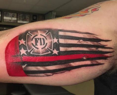 Firefighter Forearm Tattoo, Firefighters Tattoo Ideas, Fallen Firefighter Tattoo, Firefighter Tattoos For Women, Firefighter Flag Tattoo, Fire Fighter Tattoos For Men, Fire Department Tattoos, Firefighter Tattoo Sleeve, Fireman Tattoo