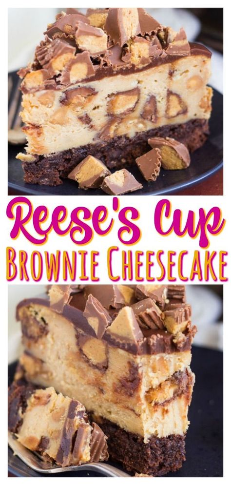 With a thick brownie bottom, luscious peanut butter cheesecake, and LOADS of Reese's Cups! #cheesecake #reeses #peanutbutter #brownies #baking #recipe #reesescups #chocolate Cheesecake Reeses, Cup Brownie, Peanut Butter Cup Brownies, Peanut Butter Cups Recipe, Cheesecake Oreo, Cheesecake Brownie, Brownie Cheesecake, Brownie Cups, Reeses Cups