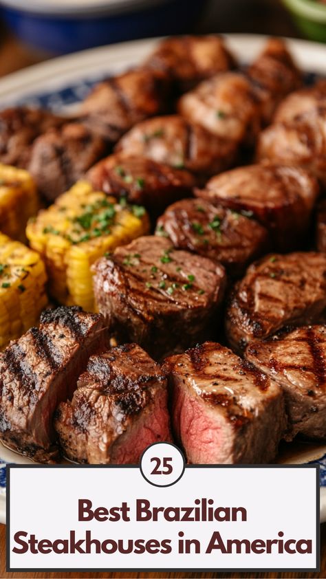 A plate of Brazilian churrasco-style meats, including picanha and lamb, served at a top-rated Brazilian steakhouse in America. Brazilian Grill, Guava Jam, Brazilian Cheese Bread, Brazilian Desserts, Brazilian Steakhouse, Beef Carpaccio, Grilled Octopus, Fun Salads, Juicy Steak