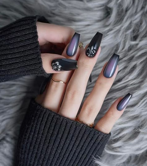 Vibrant black combined with striking purple, just like a queen💅🏼 ⏰ [ New Open Blowout Sale - 25%off ] Handmade press on nails customed for you! Using organic resin as raw material, light yet sturdy. 6 different size for you to choose. Each set comes with 10 pieces. 📦What's in the box 🔎 Customized Nails x10 🔎 Jelly Gel Stickers x1  🔎 401 Super Glue x1  🔎 Wooden Stick x1  🔎 Nail Mini File x1  🔎 Alcohol Swab x1  🙋🏻What you need to know ✨Figure out your suitable nail size with our custom Purple Set Nails, Gothic Nails Square, Chrome Nails Designs Fall, Dark Chrome Nails, Black Gothic Nails, Smokey Nails, Chrome Hearts Nails, Customized Nails, Hearts Nails