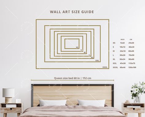 Above Queen Bed Art Size, Picture Sizes Above Queen Bed, Poster Size Guide, Bed Size Charts, Wall Art Size Guide, Art Size Guide, Floor Plan Symbols, Print Size Guide, Decor Above Bed